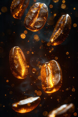 Poster - Coffee beans stylized as ancient runes glowing with power, each bean unleashing its own unique wave of energy,