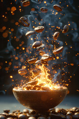 Poster - Coffee beans stylized as ancient runes glowing with power, each bean unleashing its own unique wave of energy,