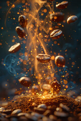 Leinwandbilder - Coffee beans stylized as ancient runes glowing with power, each bean unleashing its own unique wave of energy,