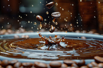 Poster - Coffee beans illustrated as droplets falling into a pool, creating energetic ripples that spread widely,