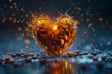 Poster - Coffee beans depicted as the source of a pulsating heart, pumping waves of energy through a symbolic body,