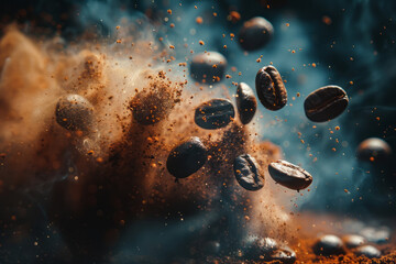 Poster - An energetic scene where coffee beans scatter into a pixelated effect, resembling digital energy and connectivity,