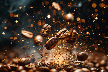 Poster - A graphic interpretation of coffee beans bursting into a fireworks display of energy and excitement,