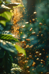 Leinwandbilder - an artistic flare showing coffee beans sprouting into vibrant, growing energy tendrils,