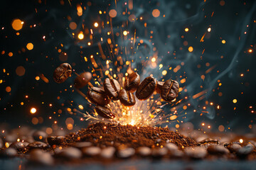 Poster - A graphic interpretation of coffee beans bursting into a fireworks display of energy and excitement,