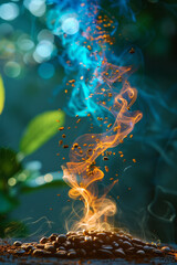 Poster - An artistic flare showing coffee beans sprouting into vibrant, growing energy tendrils,