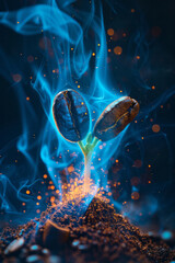 Poster - An artistic flare showing coffee beans sprouting into vibrant, growing energy tendrils,