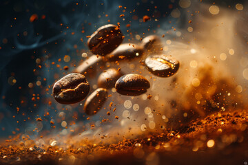 Poster - Coffee beans transforming into a storm of energetic particles, swirling in a tempest of power,