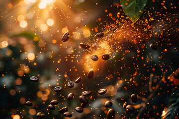 Poster - Coffee beans depicted as meteorites igniting the atmosphere, symbolizing their powerful energizing impact,