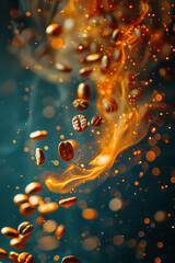 Poster - An abstract vision of coffee beans evolving into electric arcs, zapping through a stylized space,