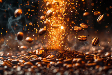 Aufkleber - Coffee beans depicted as meteorites igniting the atmosphere, symbolizing their powerful energizing impact,