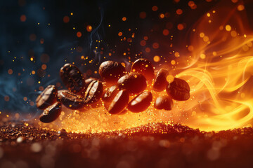 Poster - Coffee beans exploding into a spectrum of fiery colors, representing the heat and energy they provide,