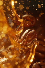 Poster - A close-up view of coffee beans dissolving into a cascade of golden energy ripples,