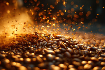 Poster - Coffee beans transitioning into streaks of light, illustrating their energizing effect in a dark setting,