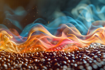 Poster - Coffee beans morphing into vibrant, swirling waves of energy, spreading across a dynamic background,