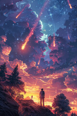 Poster - A surreal illustration of a night sky with meteors and mythical creatures watching from the clouds,