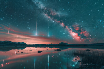 Poster - A magical display of shooting stars over a calm lake, reflecting the spectacular sky,