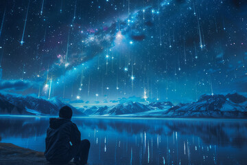 Poster - A magical display of shooting stars over a calm lake, reflecting the spectacular sky,