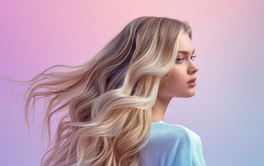 Wall Mural - A beautiful woman with long blonde hair in the style of hair extensions against a light blue and purple background in a hair salon