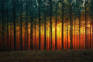 Aufkleber - Forest edge with the silhouettes of trees against a multi-colored sunset, shades of orange and green merging,