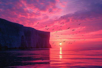 Aufkleber - Coastal cliffs at sunset, with vibrant layers of color in the sky and dark silhouettes of birds flying,