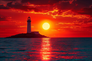 Aufkleber - Coastal scene with a lighthouse silhouette, sun setting in a dazzling display of reds and yellows,