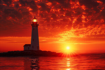 Wall Mural - Coastal scene with a lighthouse silhouette, sun setting in a dazzling display of reds and yellows,