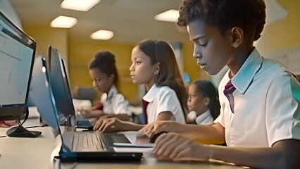 Young Girls Using Computer at Desk Generative AI