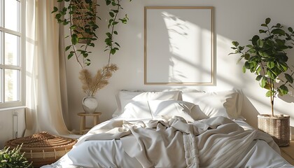 Aufkleber - serene atmosphere with a white frame mockup in a light cozy bedroom interior
