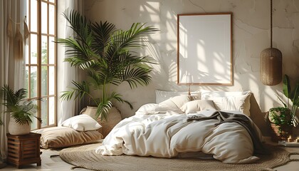 Aufkleber - serene atmosphere with a white frame mockup in a light cozy bedroom interior