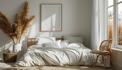 Aufkleber - serene atmosphere with a white frame mockup in a light cozy bedroom interior