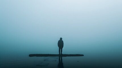Wall Mural - Person Standing Alone on Foggy Shoreline