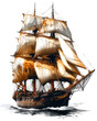 A large ship sails in the ocean with a white sail