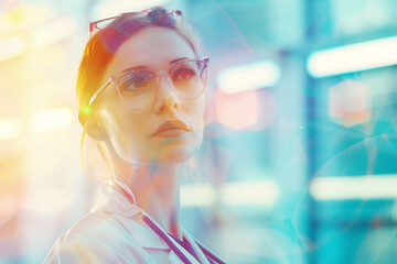 Doctor Portrait: photography of a doctor / surgeon / pharmacist standing in hospital, with blurred background. 