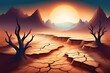 Dry and cracked landscape anime background, Global warming, Climate change