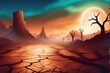 Dry and cracked landscape anime background, Global warming, Climate change