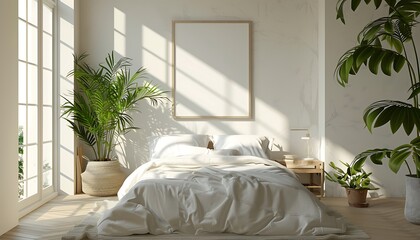Aufkleber - Highlight simplicity, white frame mockup in a light, clean bedroom interior, minimalist vibes