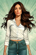 A woman with long brown hair and a white shirt and blue jeans