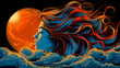 A woman with long hair is floating in the sky above a large orange planet