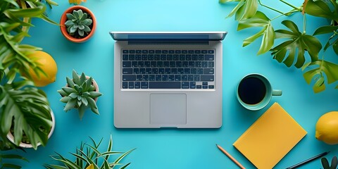 Poster - Laptop and Workspace with Plants for Developing Skills and Knowledge on an Online Platform