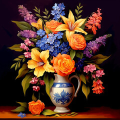 Wall Mural - painting of a vase with flowers on a table with a black background