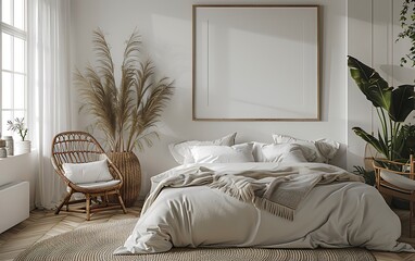 Aufkleber - white frame mockup against a clean, serene bedroom backdrop. 3D render, neat look