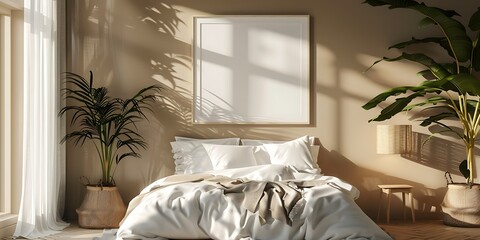Aufkleber - tranquil tone with a white frame mockup in a minimalist, cozy bedroom