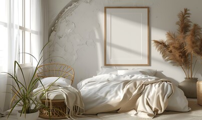 Aufkleber - minimalist charm, white frame mockup in a cozy, serene bedroom setting
