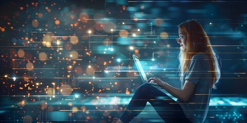 Poster - Woman Studying and Gaining Virtual Internship Experience on Laptop in Cozy Futuristic Workspace