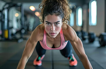 Sticker - an attractive young woman doing pushups in the gym, wearing black leggings and pink tank top, focus on her face showing determination