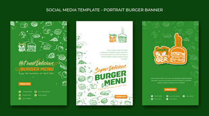 Canvas Print - Portrait social media template with simple hand drawn of burger ingredients in green white design