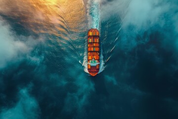 Striking aerial image of a red cargo ship with containers moving through deep blue waters under a cloud cover