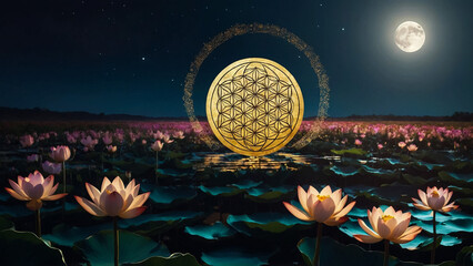 Wall Mural - Loy Krathong festival with colorful candles light and full moon in Thailand background. Floating ritual banana leaves vessel lamp and lotus flower into the
