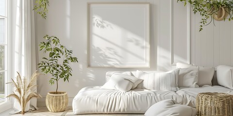 Poster - Reflect minimalist beauty, white frame mockup in a tranquil, cozy bedroom